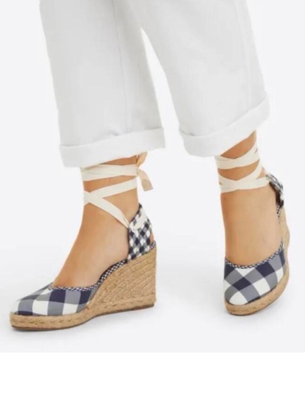 Draper James Navy Gingham Espadrille Wedge with Ankle Tie